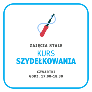 Grafika informująca o kursie szydełkowania, który odbywa się w czwartki o godzinie 17.00-18.30.